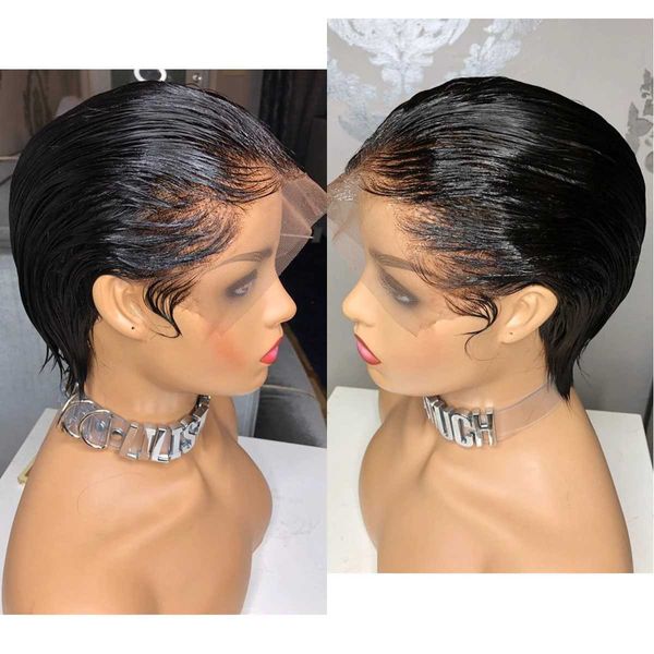 Perucas sintéticas estilo Boycut peruca frontal de renda|Peruca de cabelo brasileiro|Peruca perucas feitas de cabelo americano|Peruca de corte curto|240328 240327