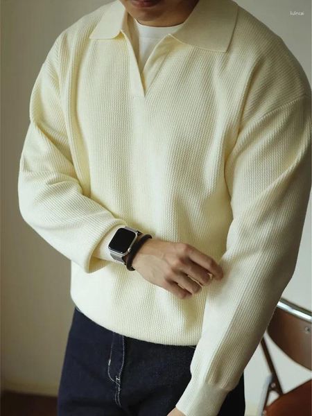 Suéter masculino de malha casual, camisa polo de malha de manga comprida com gola virada para baixo, lazer, cor sólida, tops