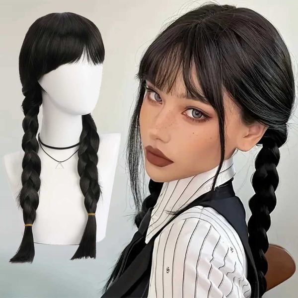 Perucas sintéticas perucas de renda quarta-feira addams peruca cosplay longa tranças pretas cabelo resistente ao calor perucas sintéticas com franja para festa de halloween 240328 240327