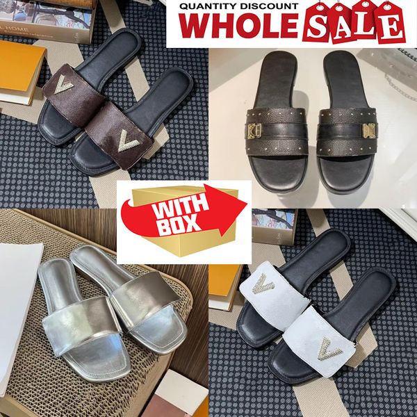 Com caixa Designer Slides Sandália Chinelos Cópias Clássicas Mulheres Chinelos Verão Homens Designer Slides Sandálias Planas Piscina Travesseiro Mules Front Strap Beach Sandels