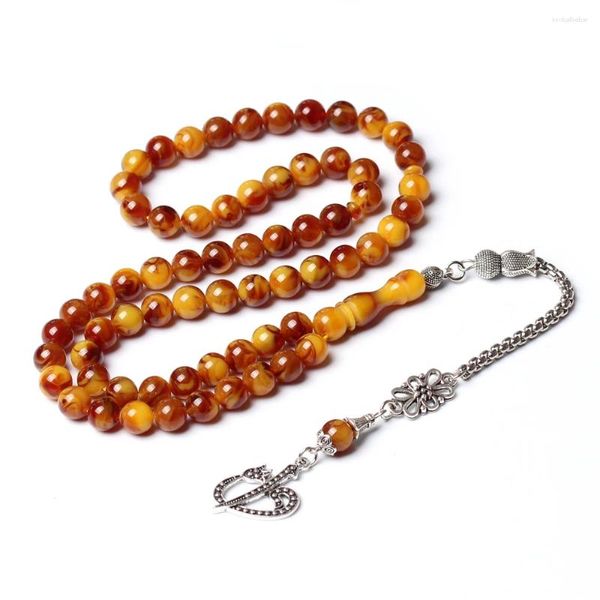 Strang Muslim Rosenkranz Harz Bernstein Gebetsperlen 8mm 66 Misbaha Islam Tasbih Ramadan Geschenk versilberte Metallquaste Tasbeeh