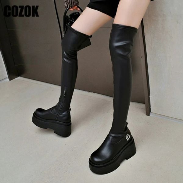 Stiefel über den Kniestiefeln dicke untere Damen Plattform Keil Frauen Gothic Oberschenkel Hochstiefel Punk weiblich 2023 neue Schuhe Ritter Reißverschluss Y2K