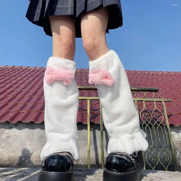 Frauen Socken Kawaii Japanische Plüsch Fell Bogen Beinlinge Abdeckungen Winter Warme Y2K Boot Manschetten Harajuku JK Lolita Socke oberschenkel Hohe