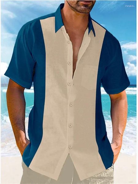 Camisas casuais masculinas Camisa 2024 Summer Beach férias top azul de luva curta combinando com lapela de bolso dianteiro moda