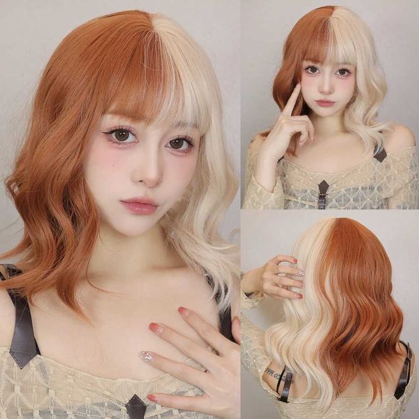 Synthetische Perücken, kurze gewellte blonde Kupfer-Ingwer-synthetische Naturhaar-Perücke mit Pony, Halloween-Kostüm, Cosplay-Perücke, hitzebeständig, für Frauen 240328 240327