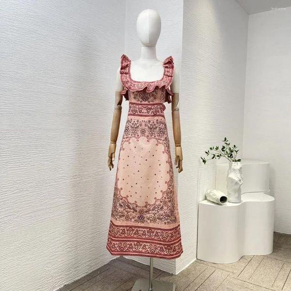 Vestidos casuais linho 2024 coleção Paisley impressão amarela cortada de alta qualidade de ruffles sem mangas mulheres rosa vestido midi