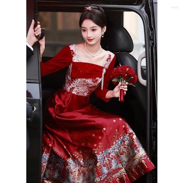 Roupas étnicas Estilo Chinês Vestido Cavalo-Face Saia Cheongsam Mulheres Hanfu Elegante Nupcial Casamento Banquete Vestido Manga Longa Vestidos Qipao