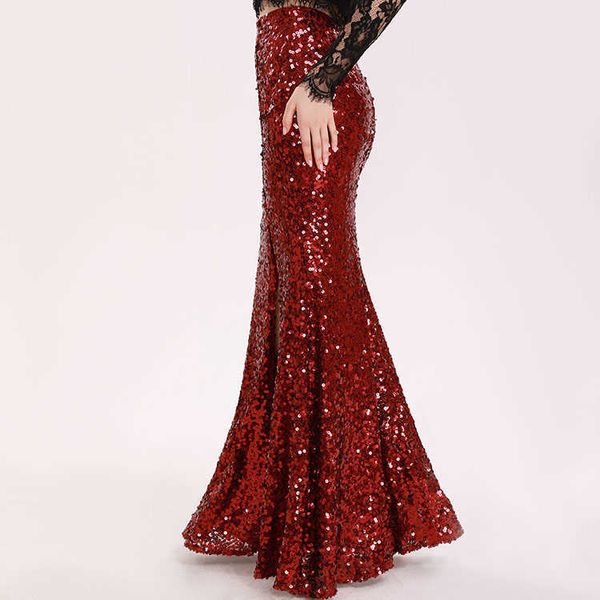 Gonne maxi da sera con paillettes da donna bordeaux lunghe a coda di pesce dal design unico con spacco alto