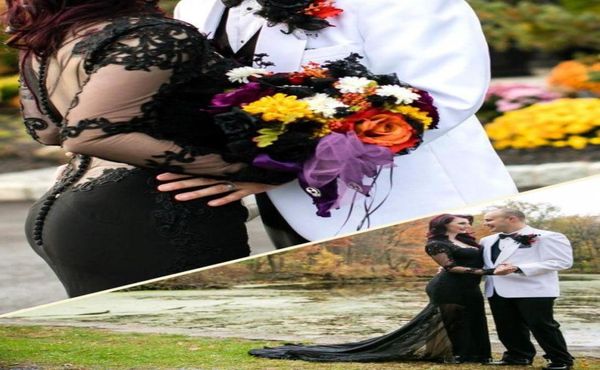 Estilo gótico vestido de casamento preto ver através de manga longa apliques artesanais rendas sereia vestidos de casamento 2018 vestidos de noiva personalizados si2428325