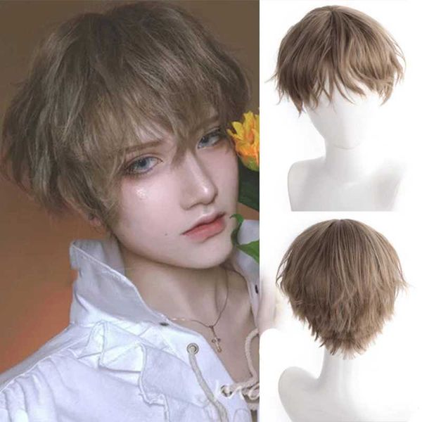 Perucas sintéticas Ailiade curta reta marrom peruca menino cabelo sintético com franja para homens masculino cosplay halloween anime traje peruca resistente ao calor 240329