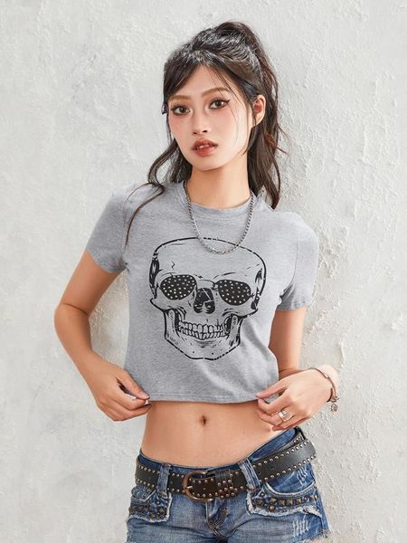 Mulheres Camisetas Duoyunn Mulheres Gráfico Impressão Crop Top Manga Curta Crewneck Gótico Punk Esqueleto Camisa E-Girl Slim Fit Baby Tee Y2K Tops