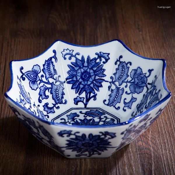 Placas Hexagonal Snack Bowl Sobremesa Prato Cerâmico para Frutas Octógono Pintado à Mão Azul e Branco Porcelana Vintage
