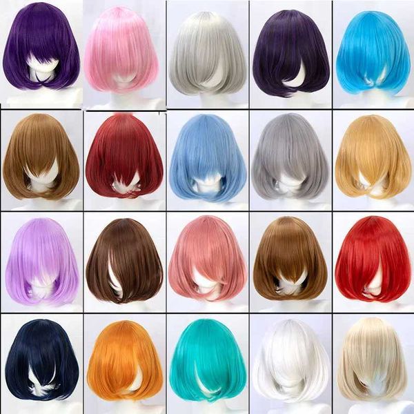 Perucas sintéticas Cosplay Perucas DIFEI Sintético curto bob cabelo liso com franja aparável Lolita Ombre rosa vermelho azul roxo peruca cosplay para mulheres perucas curtas 240329