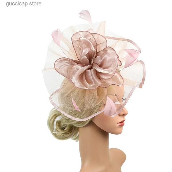 Tiaras Nobres e Elegantes Senhoras Misteriosa Qualidade Rosa Pena Fascinator Headband Usado para usar em casamentos ou festas Y240319