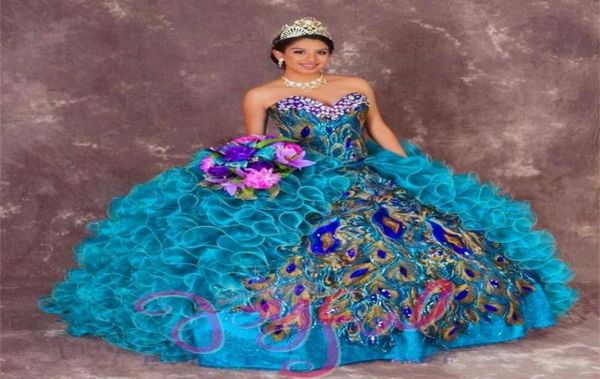 Sexy Sweet Sixteen Peacock Ballkleid Stickerei Quinceanera Kleider mit Perlen Sweet 16 Kleid 15 Jahre Ballkleider4108415