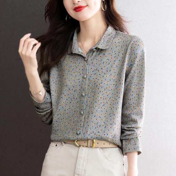 Frauen Blusen Frühling Vintage Floral Bedruckte Bluse Baumwolle Hemd Koreanische Mode Frauen 2024 Casual Langarm Weibliche Tops