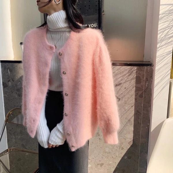 Maglieria da donna maglioni in mohair di alta qualità donna 2024 autunno inverno morbido delicato sciolto cardigan in visone ispessito cappotto rosa elegante bianco