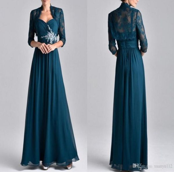 Abiti da madre vintage in chiffon blu verde acqua con maniche giacca in pizzo Abiti per la madre della sposa Abiti da sera lunghi formali con arricciature5495270