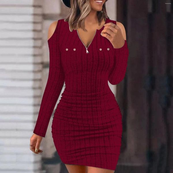 Lässige Kleider Damen Herbst und Winter einfarbig Spitze Patchwork One Line Neck eng anliegendes Gesäß sexy langärmeliges Kleid 2024