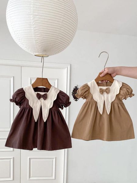 Mädchen Kleider 2024 Sommer Baby Puff Sleeve Casual Kleid Adrette Infant Kleinkind Puppe Kragen Vintage Prinzessin Kinder Kleidung