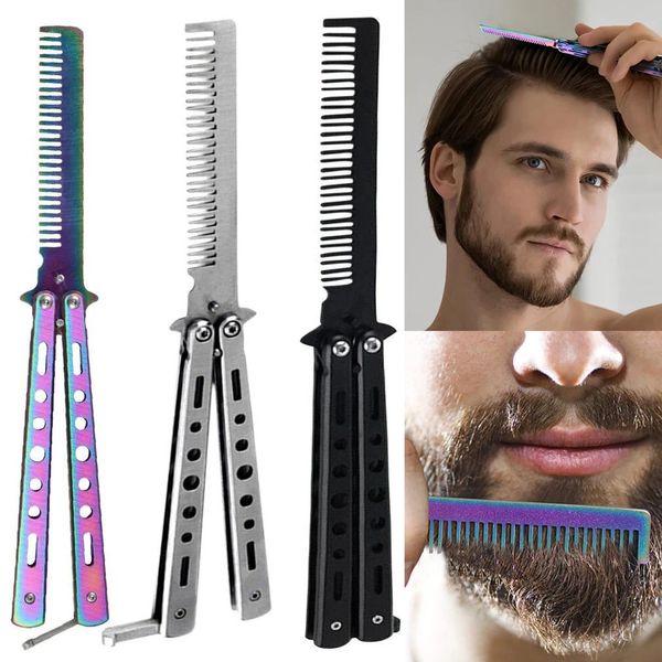 Katlanabilir saç tarağı paslanmaz çelik uygulama eğitimi kelebek bıçağı sakal bıyıklı fırça fırça salonu kuaför stil aracı 240314