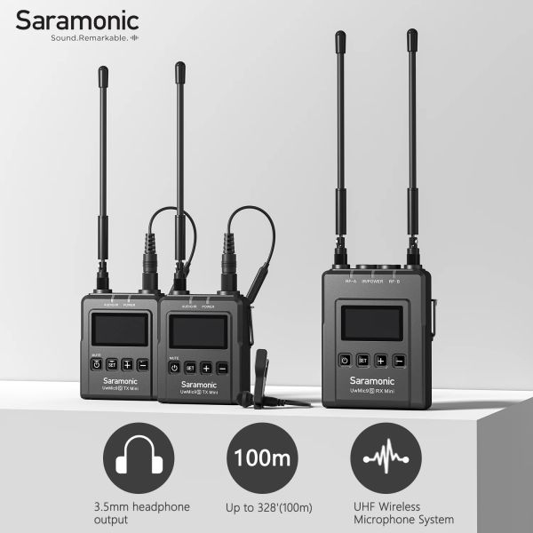 Microfones Saramonic Uwmic9s Mini Microfone de lapela sem fio UHF para PC Móvel DSLR Transmissão ao vivo Youtube Vlogging Entrevista Mono / Estéreo