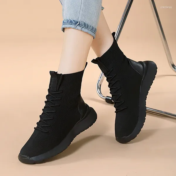 Freizeitschuhe Mode Damen Mesh Fliegende gewebte Socken Schuh Atmungsaktive verschleißfeste Sohle High Top Schuhe Plus Größe 42