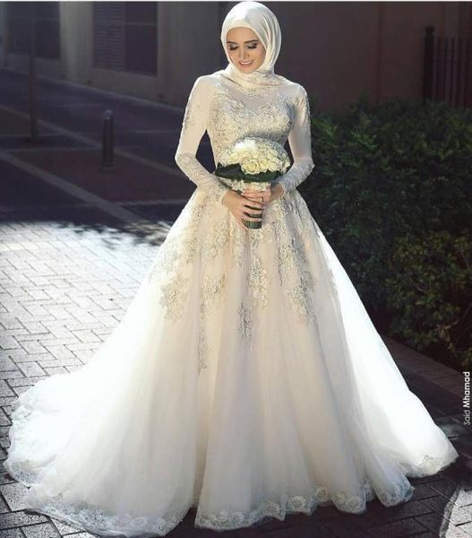 Mais popular árabe saudita muçulmano vestidos de casamento turco alta pescoço mangas compridas rendas apliques vestidos de noiva sem hijab hochzeit1515600