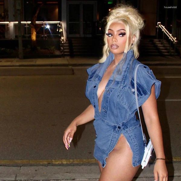 İş elbiseleri kadın denim mini etek seksi düzensiz yan yarık yüksek bel derin v boyun kolu düğme bodycon kot pantolon parti takım elbise y2k