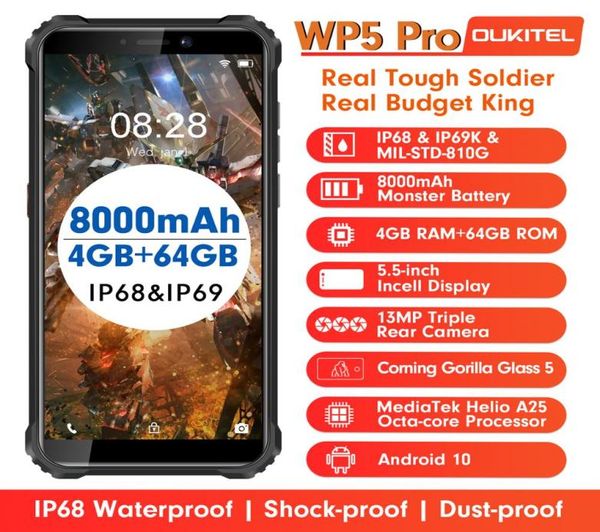 OUKITEL WP5 Pro, 4 ГБ, 64 ГБ, 8000 мАч, IP68, водонепроницаемый смартфон, Android 10, тройная камера, идентификатор отпечатка пальца по лицу, 55 дюймов, мобильный телефон6381666