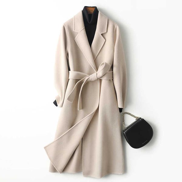 Casaco clássico feminino de lã de caxemira casaco de comprimento total com cinto jaqueta feminina