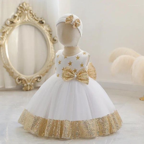 Mädchenkleider Goldene Pailletten Säuglingskleid Kleid Star Prints Super Bow Princess Für Mädchen Geborene Babys Kleidung 0 bis 12 Monate 3 4 5Y