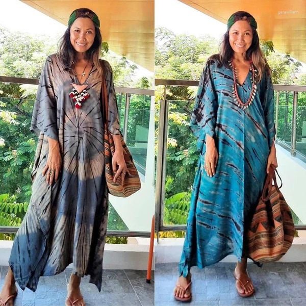 Europeu e americano rayon tie dye cover ups férias à beira-mar vestido longo solto biquíni maiôs roupões feminino outerwear