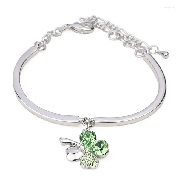 Bangle BN-00086 Verde Cristal Clover Cuff Pulseiras Banhado A Prata Jwellery Para Mulheres Bonito Charme Pulseira Graduação 2024 Presentes