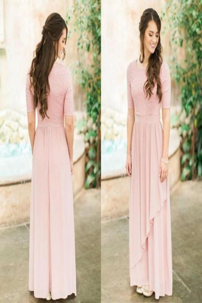 Abiti da damigella d'onore lunghi modesti in chiffon di pizzo rosa polveroso con mezze maniche Abiti da damigella d'onore da sposa country Boho Sleeved3583193