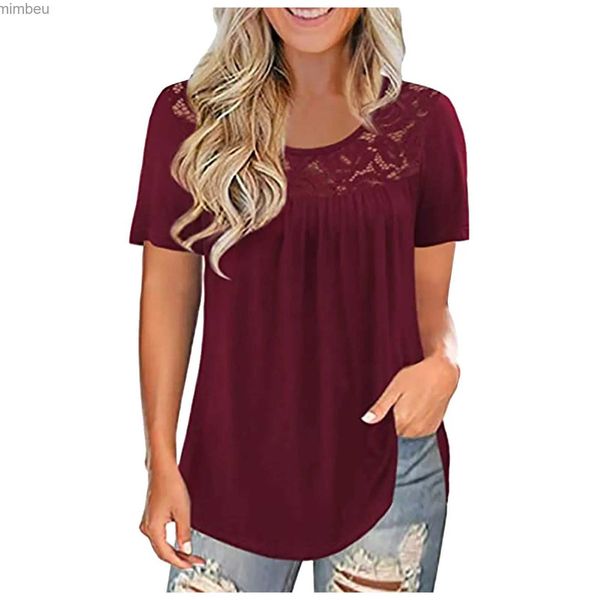 Damen T-Shirt Sommer Frauen Spitze Top Shirt Kurzarm Schwarz Wein Lila T-Shirt Weiblich Casual Crew Tee Tops TunicC24319