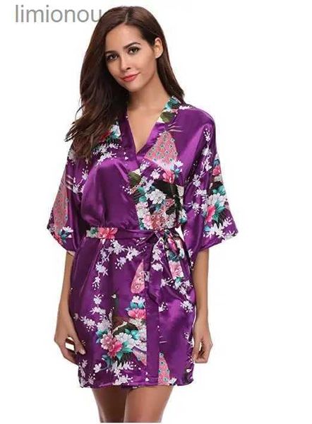 Damen-Nachtwäsche, Marke, lila, weiblich, bedruckt, Blumen-Kimono-Kleid, chinesischer Stil, Seide, Satin, Robe, Nachthemd, Blume, S, M, L, XL, XXL, XXXLC24319