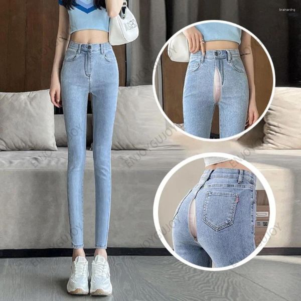 Jeans da donna invisibile con apertura sul cavallo sesso all'aperto piedi piccoli di colore chiaro pantaloni a matita elasticizzati a vita alta