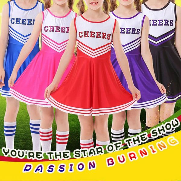 Costume da cheerleader per ragazze Vestito con pompon Vestito Purim Studentessa Cheer Performance sul palco Uniforme da cheerleader 240305