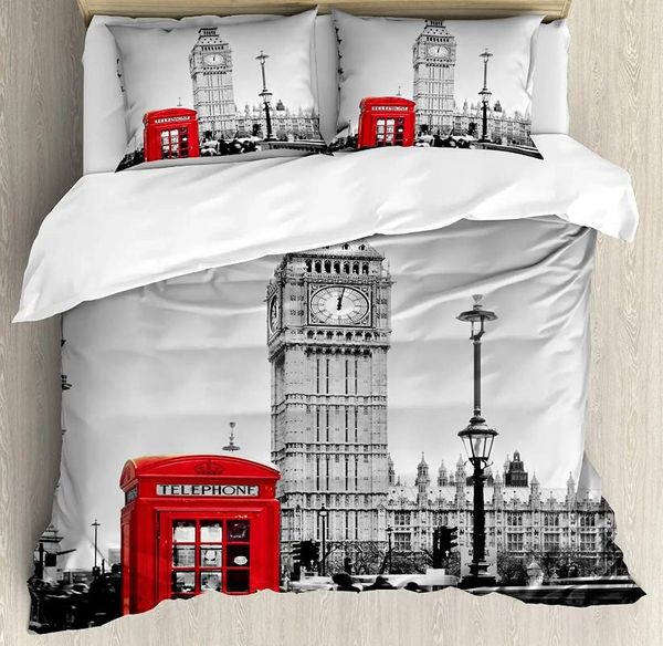 Bettwäsche-Sets, London-Set, berühmte Telefonzelle und der Big Ben, 3-teilig, Bettbezug, Bettdecke, Kissenbezug, Bettdecke