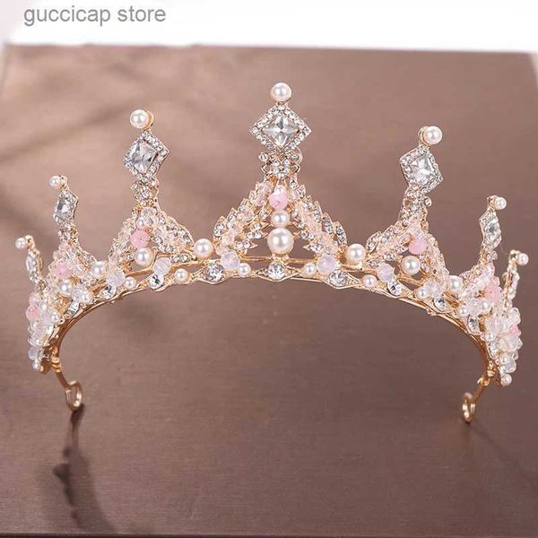 Tiaras Yeni Düğün Taç İnci Rhinestone Crystal Taç Altın Kraliyet Headress Prenses Taç Gelin Düğün Saç Aksesuarları Headdress Y240319