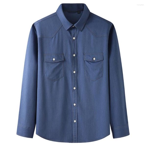 Camisas casuais masculinas manga longa respirável secagem rápida multi-bolso botão para baixo cor sólida topos de ajuste regular