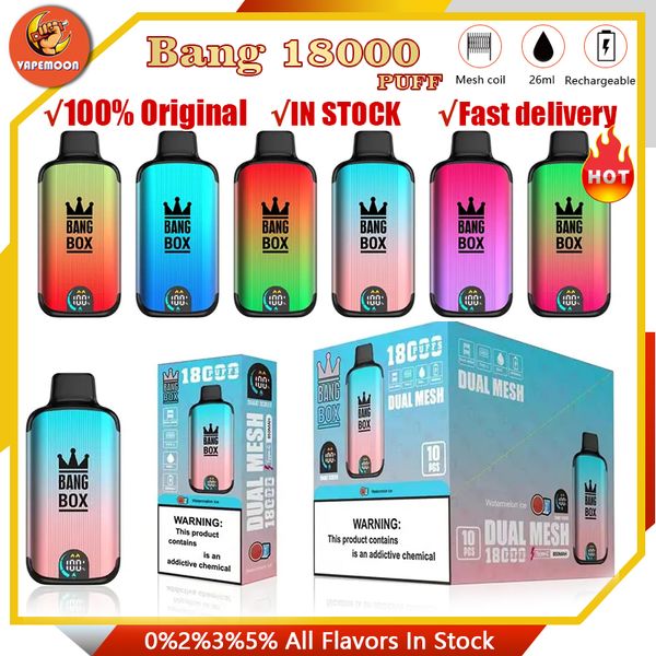 Original Bang Box 18000 Puffs Vape Descartável com Display Digital Puff 18K Recarregável E Cigarros Bobina de Malha Dupla 0% 2% 3% 5% 12 Cores