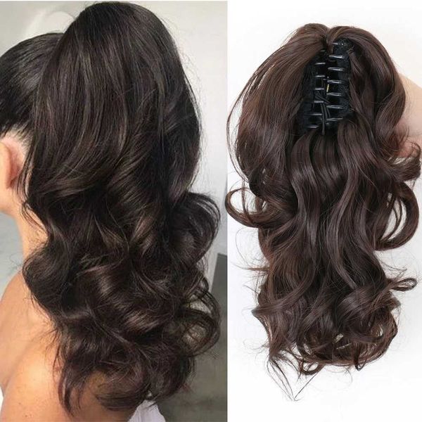 Perucas sintéticas Perucas sintéticas rabo de cavalo longo encaracolado clipe de rabo de cavalo em garra cabelo natural olhando peruca sintética para mulheres marrom escuro 240328 240327