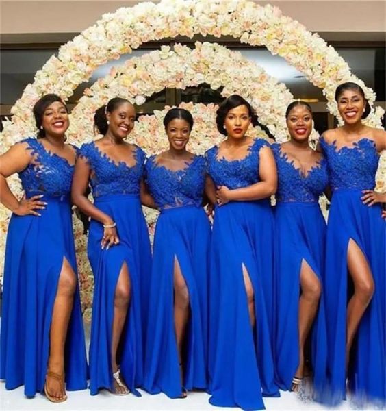 Charming Royal Blue Dantel Nedime Elbiseleri Bir Çizgi Şifon Kadınlar039S Düğün Elbise Bölünmüş Yarık
