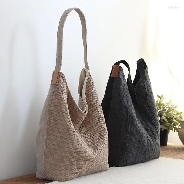 Totes clássico cabo-malha bolsa retalhos com linho feminino casual de alta qualidade saco desleixado feminino vintage elegante hobo ombro