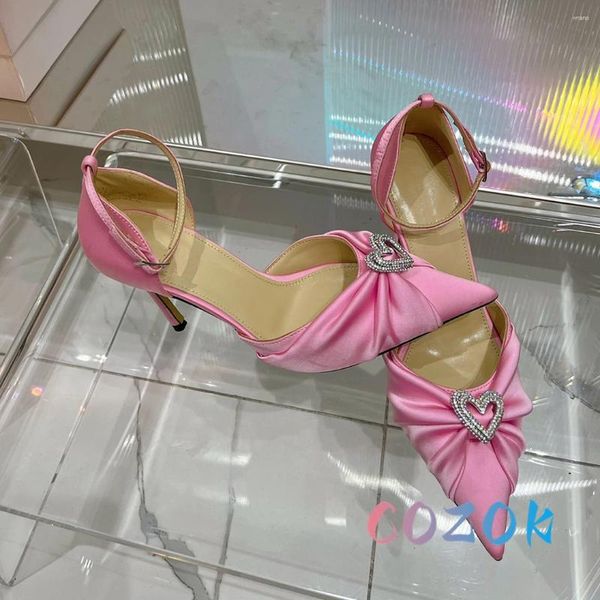 Sandálias verão sexy rosa seda em forma de coração fivela de cristal de salto alto mulheres costura pontiaguda sapatos de festa à noite