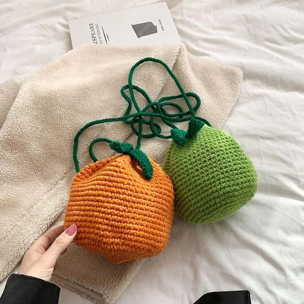 Umhängetaschen Weibliche Gestrickte Geldbörse Kordelzug Gehäkelte Orange Form Niedliche Obsttasche Tägliche Tasche Für Mädchen Frauen