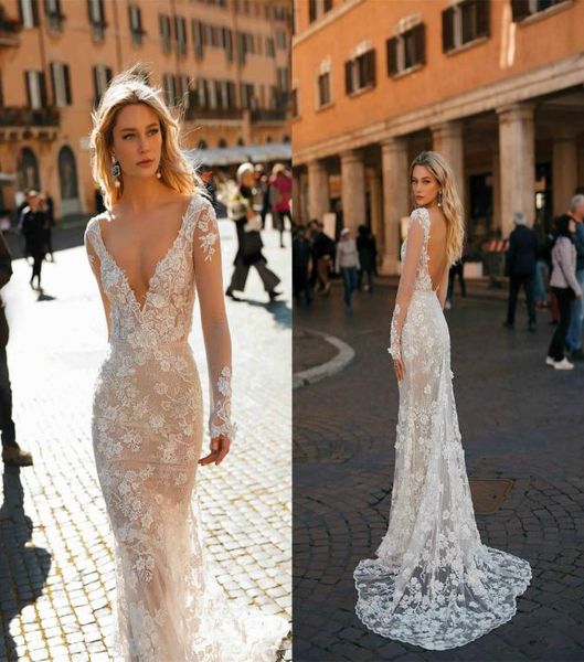 Berta Fancy Abito da sposa a sirena Pizzo floreale con applicazioni di perline Profondo scollo a V Backless maniche lunghe Abiti da sposa Custom Made Vestidos1244107