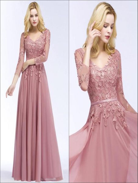 Abiti da sera lunghi eleganti in chiffon con scollo a V maniche lunghe trasparenti applique in pizzo lunghezza pavimento abiti da ballo formali per feste Immagine reale CPS2577003